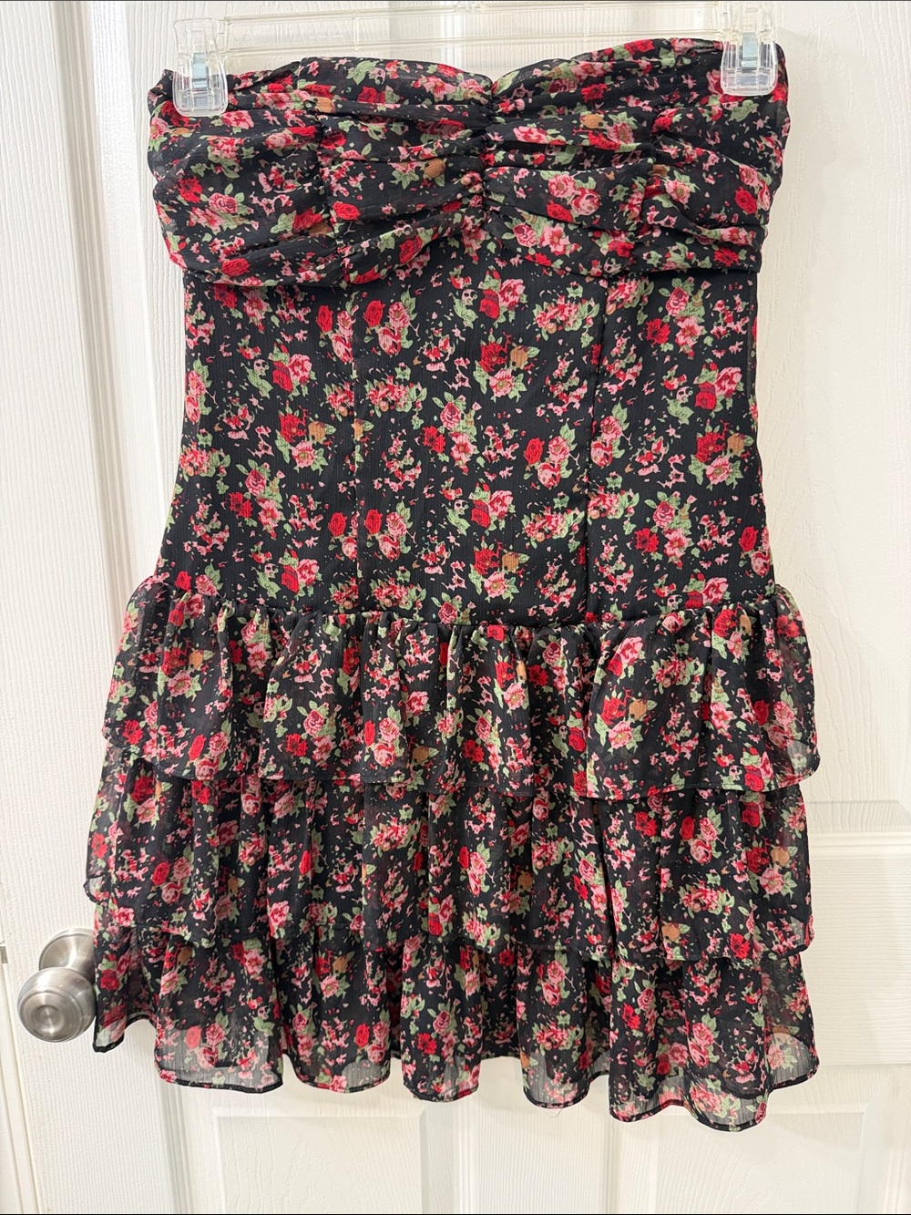 Express Black Strapless Floral Tiered Dress with Red and Pink Roses